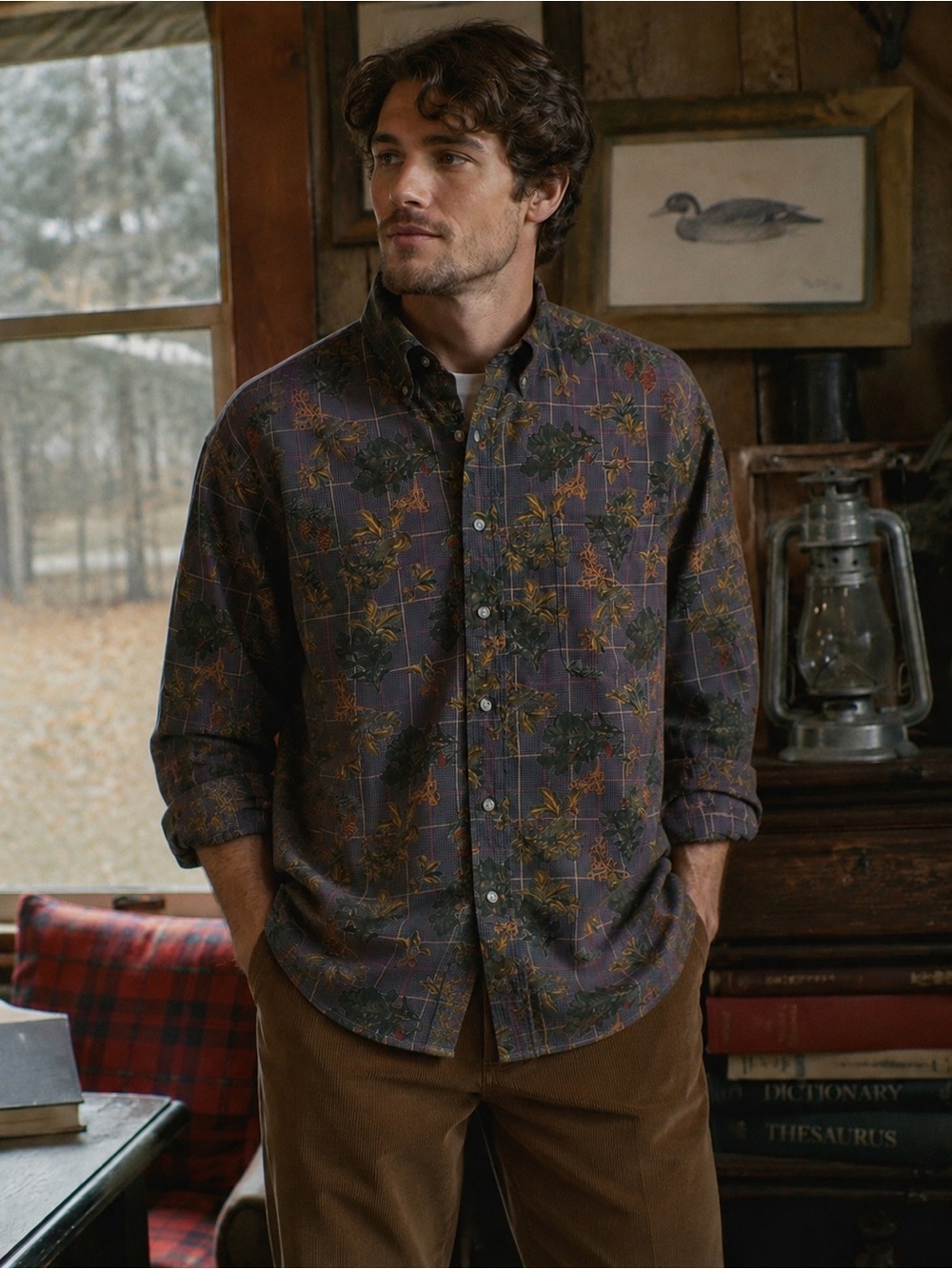 Vintage 90s Lands End Mens Shirt XL Brown Houndstooth Plaid Botanical Pine Cones